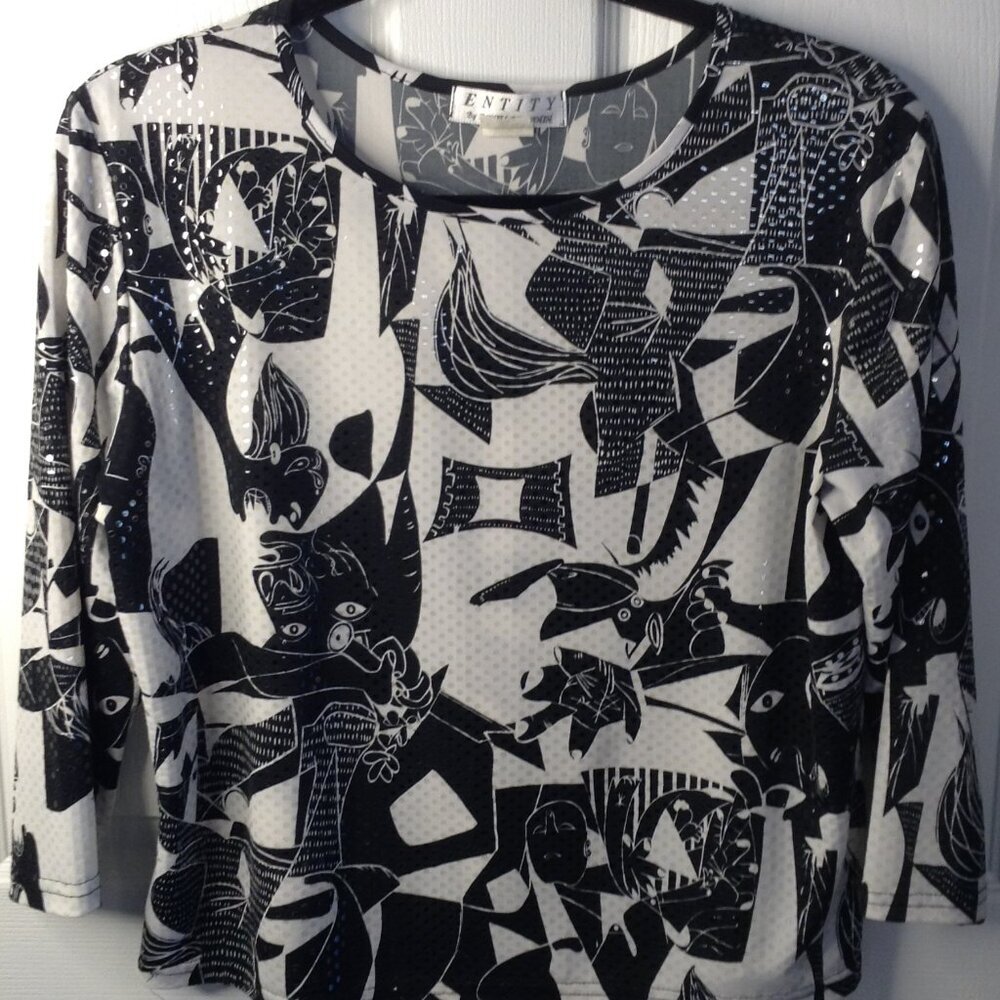 VTG Daniel Benjamin Geo print; Picasso-esque "XL" pullover sequins Artistic Chic